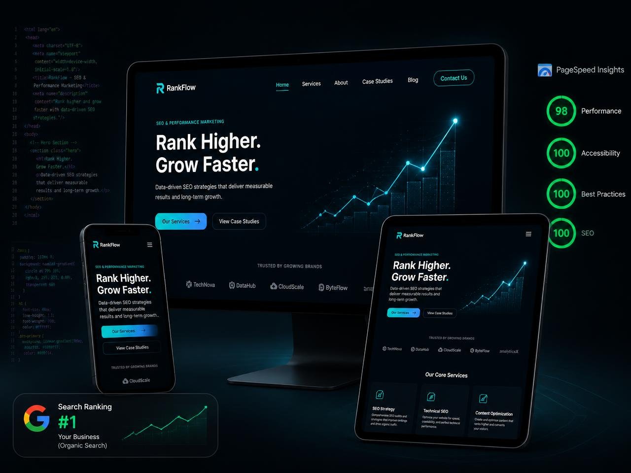 Responsive custom website shown on desktop, tablet and mobile with PageSpeed and search ranking overlays